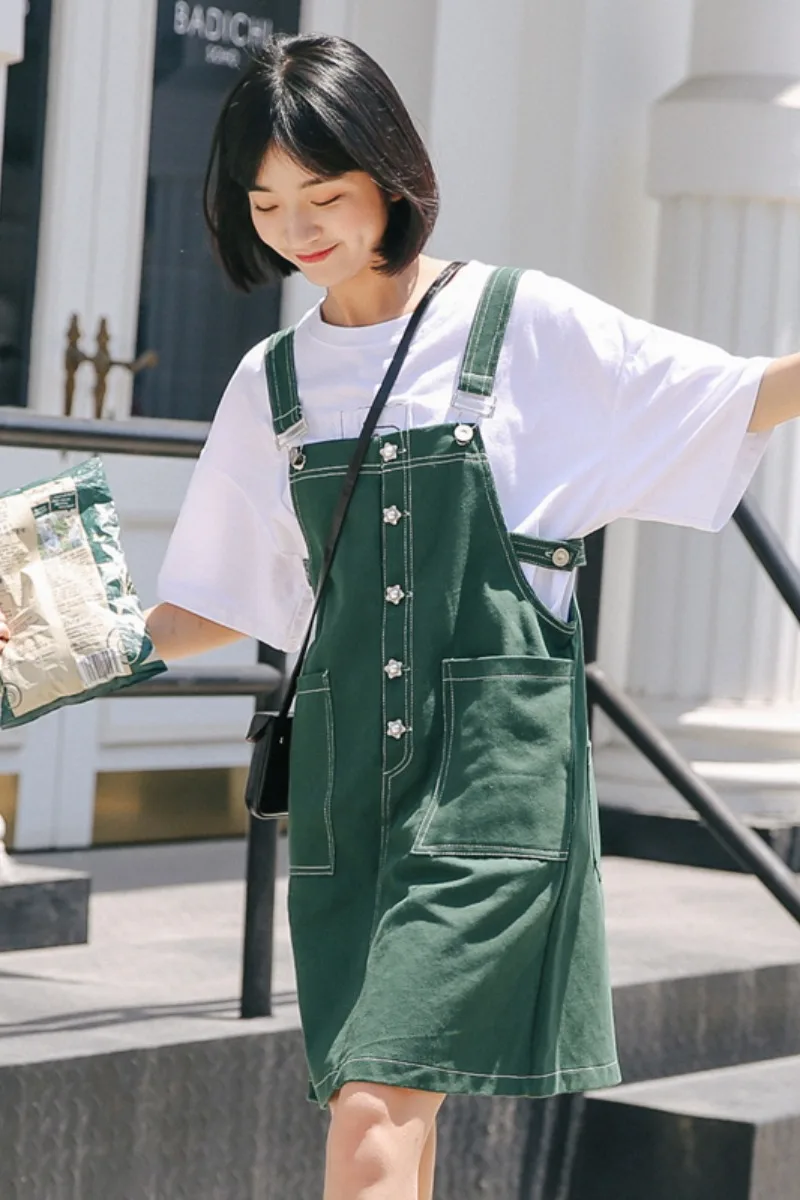 

Women Green Short Denim Dress Summer Fashion Sleeveless Single-breasted Pockets Loose Overalls Dresses Korean Women Strap Dress