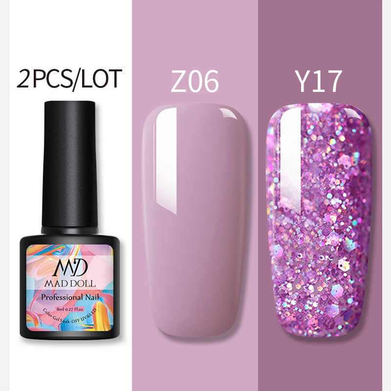 Z06Y17 2 бутылки 8 мл MAD DOLL УФ-гель для ногтей чистый цвет и Блестящие Блестки долговечный впитывающий Гель-лак для нейл-арта - Цвет: Z06Y17