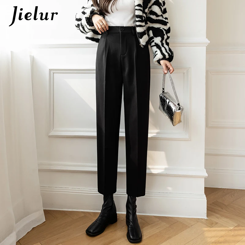 

Jielur Fashion Coffee Black Woolen Pants Women 2021 Winter Korean Capri Warm Loose Office Lady Suit Harem Pants Female S-XL