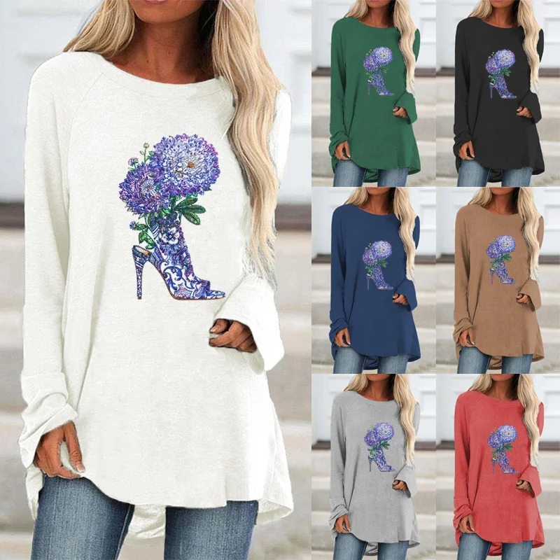 

Autumn Women's Round Neck Pullover Solid Color Fashion Floral Print Pattern T-shirt Loose Casual Top Plus Size XS-5XL