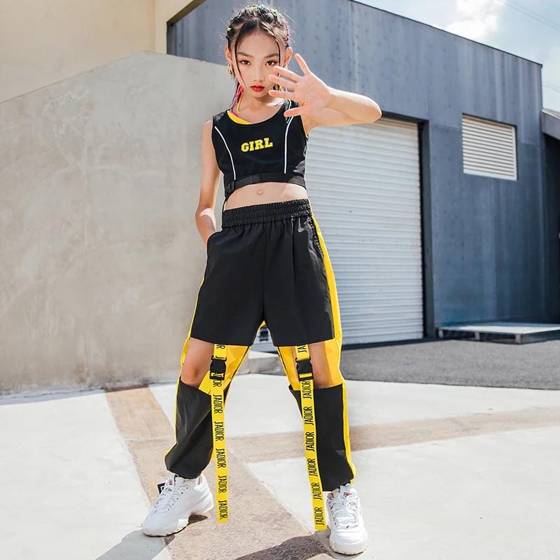 

Children Jazz Girls Hip Hop Dance Costume Black Vest Stitching Pants Fashion Hiphop Suit Practice Clothes Stage Show Wear BL6435