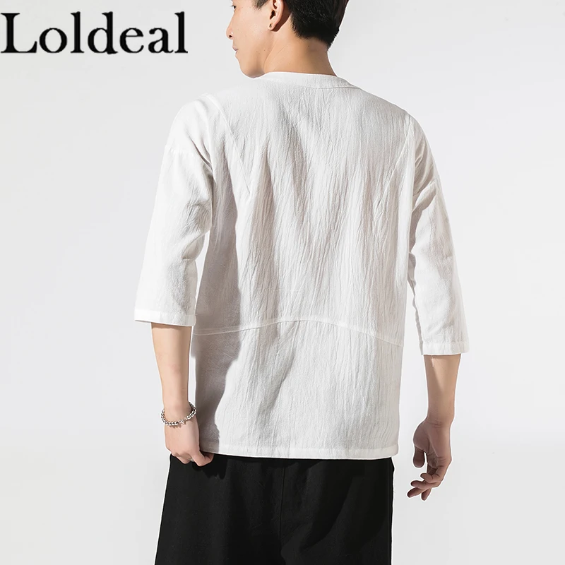 

Loldeal Men 3/4 Sleeve T-shirt Chinese Style Cotton and Linen Embroidery Casual Round Neck
