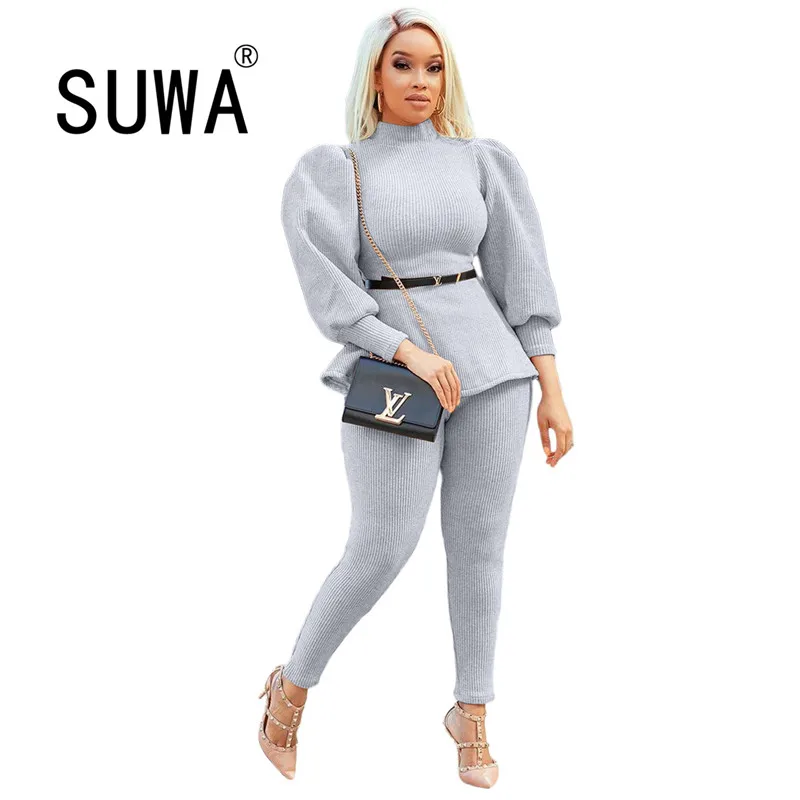 

Autumn Winter Knitted Women Office Two Piece Matching Sets Long Sleeve Pullover Top High Waist Skinny Pencil Pants Wholesale