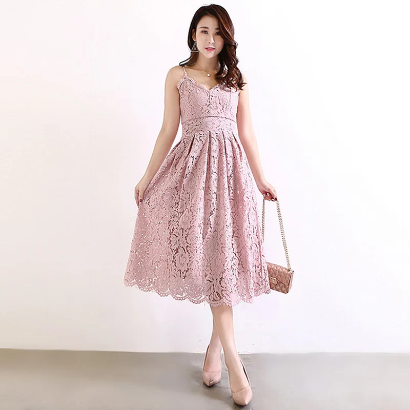 

Fashion korean style lace dress Women strap sexy v neck slim A-line dress purple/black/white/navy blue/pink vestido encaje 2020