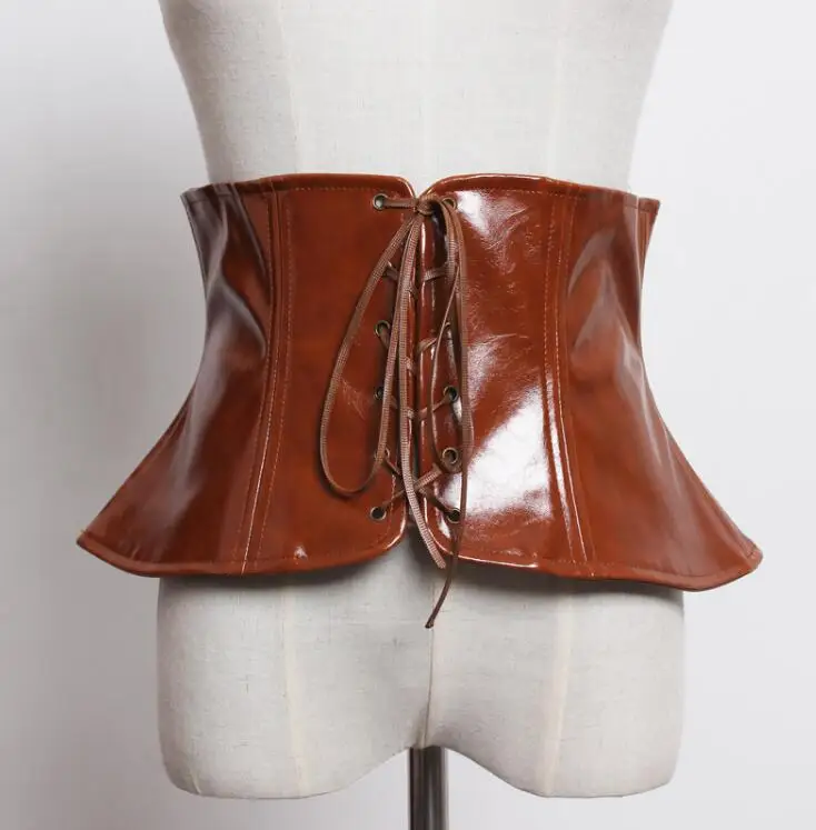 

Women's runway fashion patent pu leather bandage Cummerbunds female Dress coat Corsets Waistband Belts decoration wide belt 2194