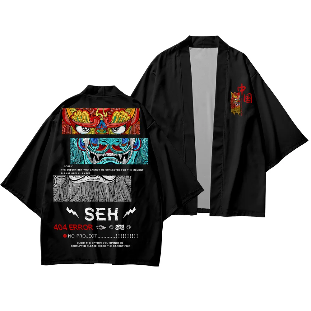 

Japanese Style Men Black Print Kimono Pants Set Cosplay Traditional Cardigan Haori Obi Harajuku Streetwear Samurai Yukata