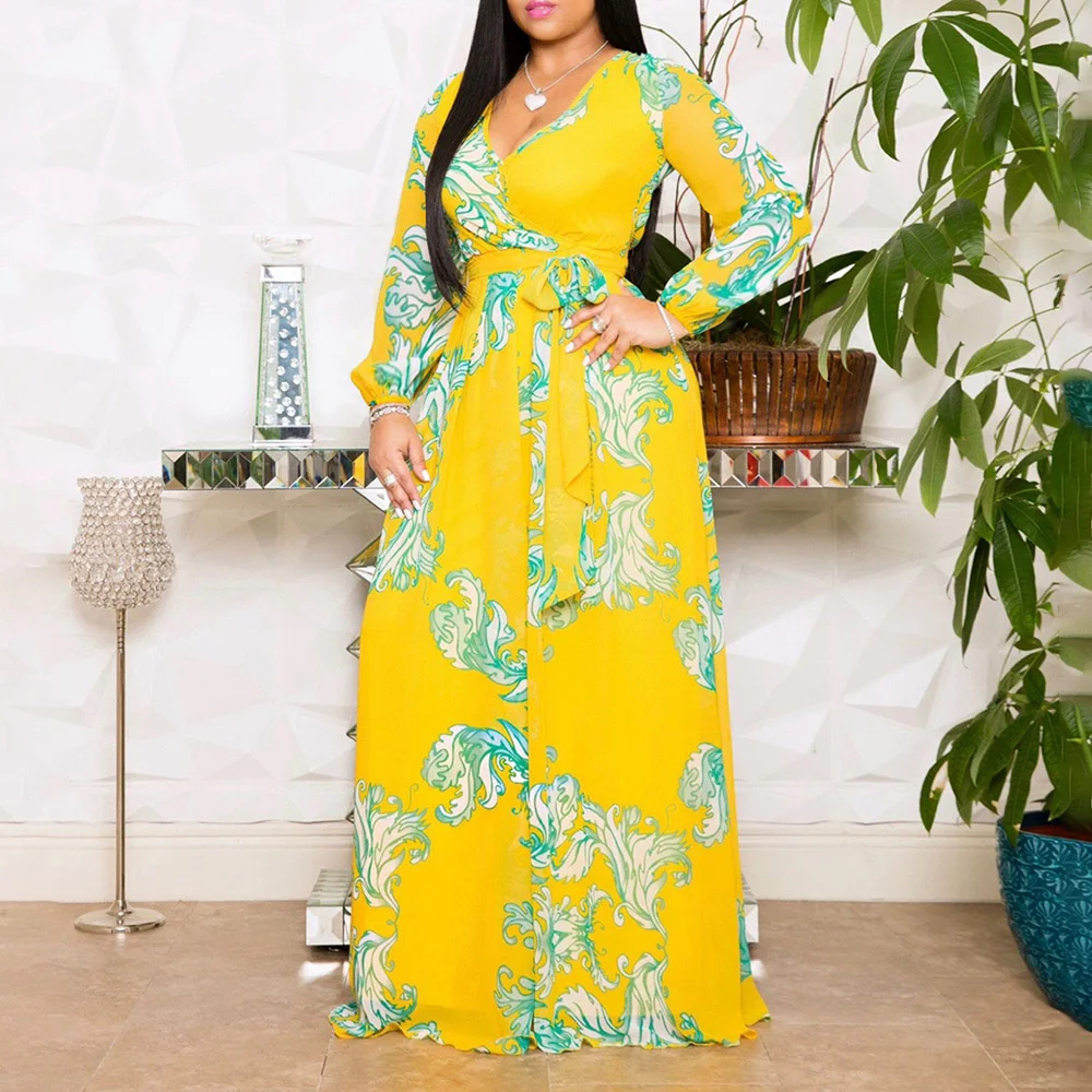 

Women Autumn Long Sleeve Dress Color Block Tie Dye Sexy V Neck Lace Up Female Maxi Plus Size Casual Dresses Party 2021 Spring