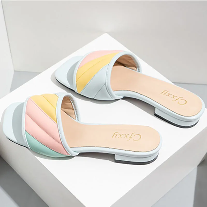 

Lucyever Summer Square Heels Slippers Women Fashion Mix Color Square Toe Slides Woman Outdoor Comfortable Low Heel Beach Shoes