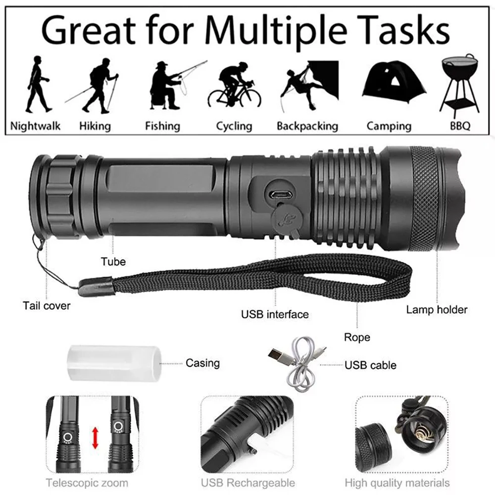 

Most Powerful XHP50.2 LED Flashlight Torch 18650 Tactical Flashlights Telescopic Zoom Rechargeable USB Flash Light XHP70.2 Light