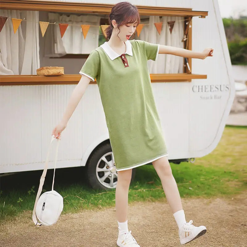 Шикарный хаки лето 2019 новый тонкий студент фея платье с воротником поло зеленая