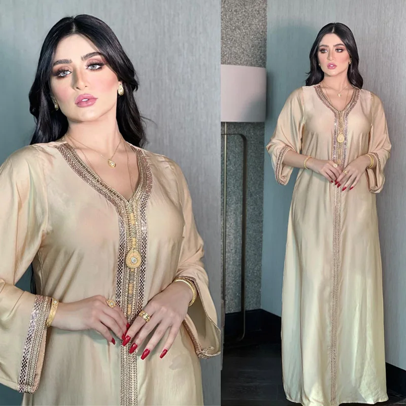 

Bushra Muslim Dress Dubai Women Fashion Abaya Long Dress Hot Diamond Dress Plus Size Middle Eastern Robe NEW 2022
