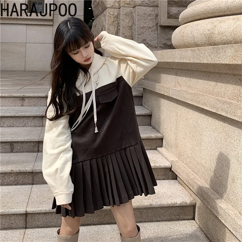 

Harajpoo Dress Female Stitching Hooded 2021 Autumn Winter New Long Sleeve Plus Fleece Clothing Ladies Preppy Style Mini Vestido