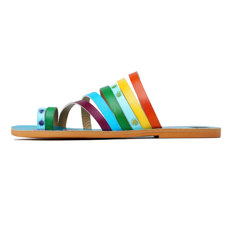 Soft Woman Slippers Sandals Summer Shoes Woman Retro Sandals Vintage Bohemian Breathable Comfortable Genuine Leather Printing