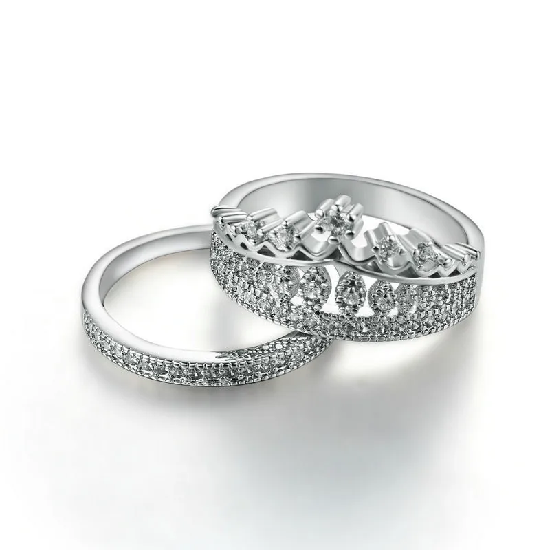 

2 PCS/Set Silver Plated Crown Double Layer Ring Set For Women Jewelry Engagement Party Ring Sets Hand Accessories Size 6-10