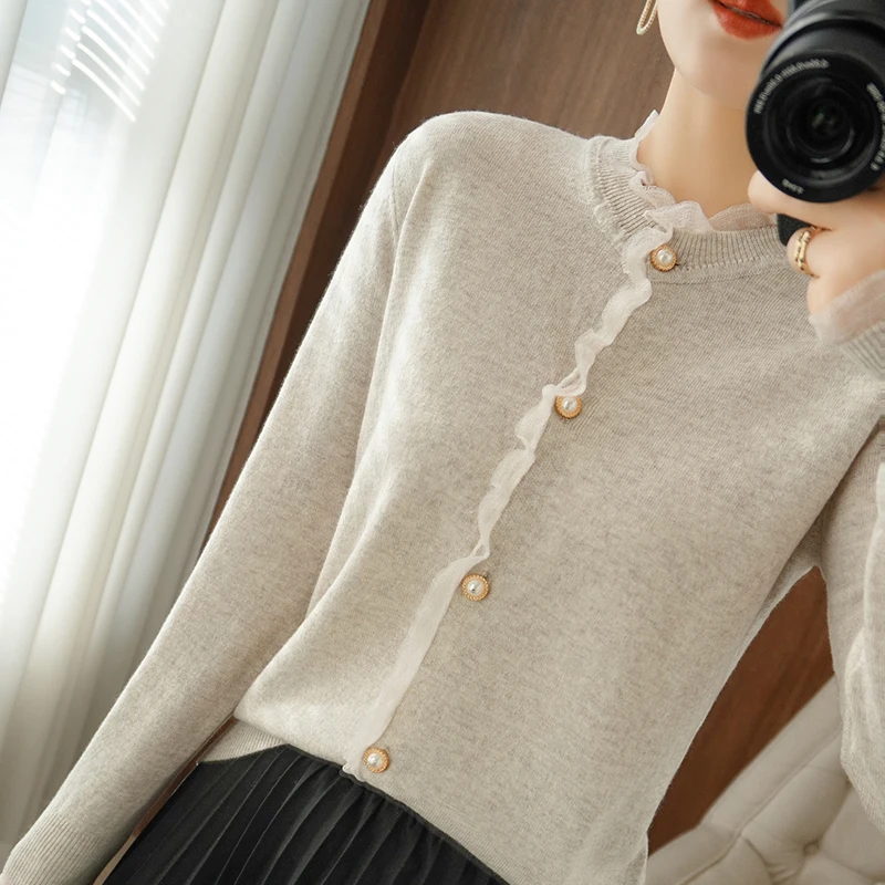 100% pure wool cardigan ladies knitted full sleeves 0-neck fashion high-end coat cashmere sweater spring and autumn new style