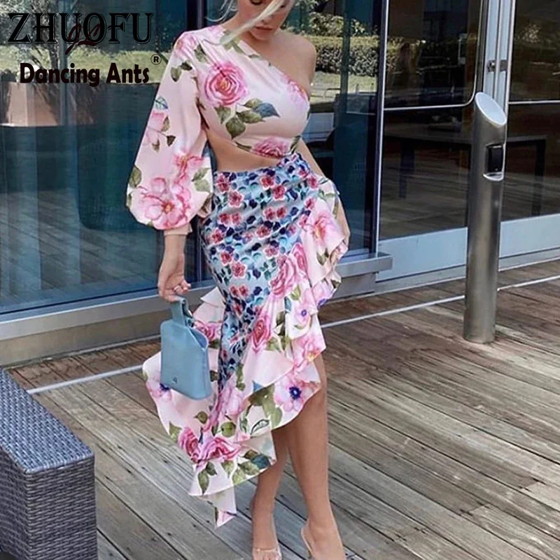2020 сексуальное платье на одно плечо для женщин Цветочный принт с шифоновыми