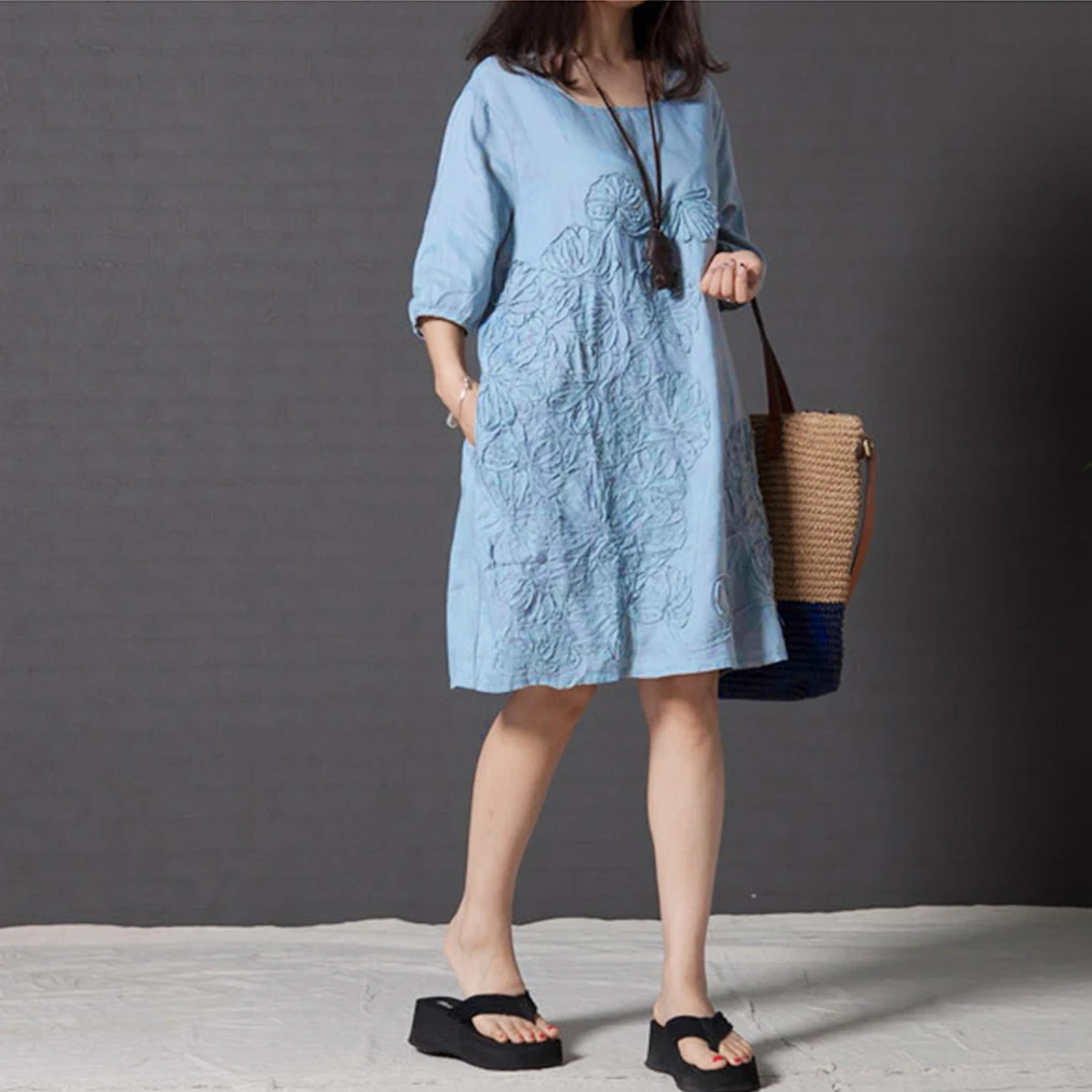 Женское летнее платье женская футболка свободное Повседневное с вышивкой