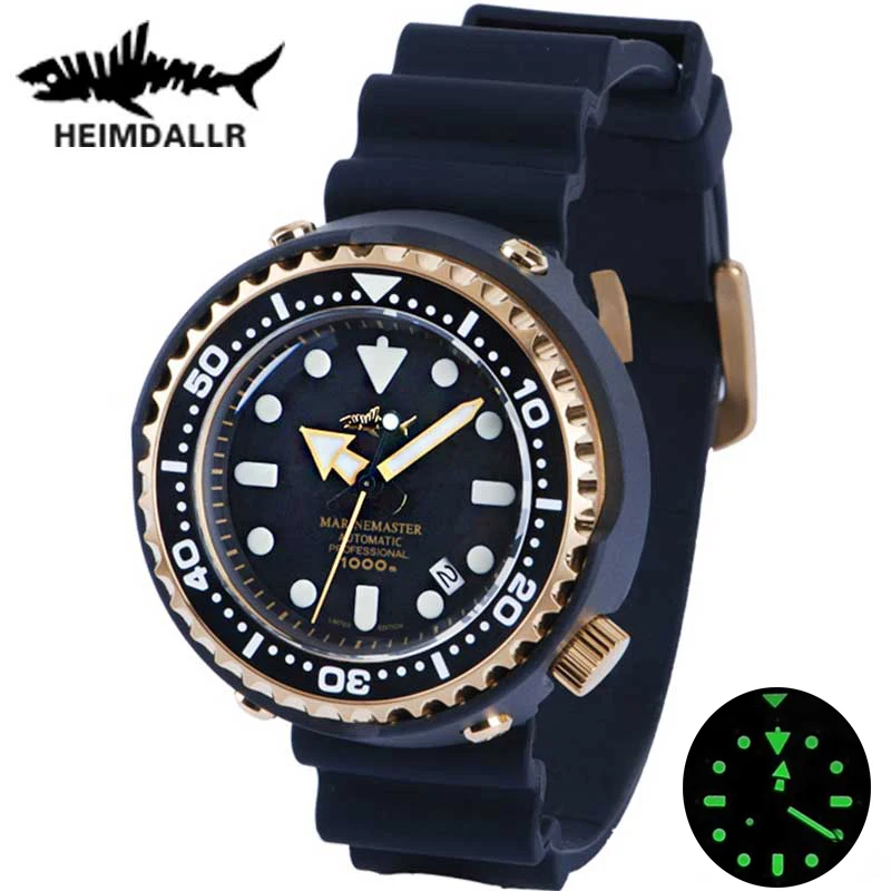 HEIMDALLR Tuna Mechanical Watch 1000M Men's Diver Watch Waterproof Golden Plated Black NH35A Automatic Watches PVD Coated Case