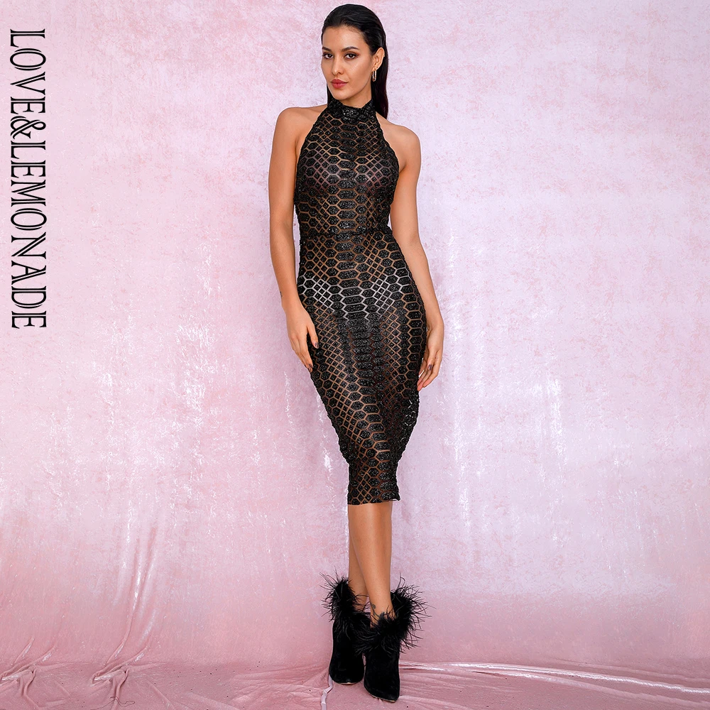 LOVE& LEMONADE A/W сексуальное черное платье до колена с открытой спиной и сеткой с наклеенными блестками LM82019