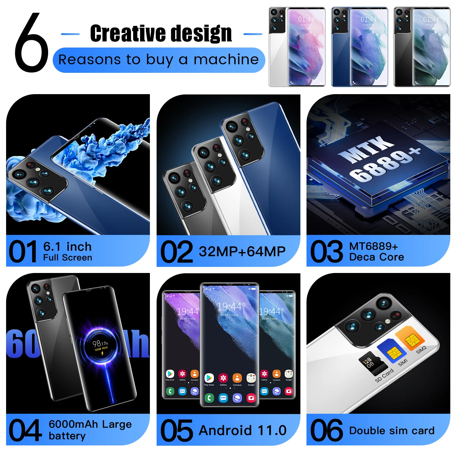 

Samsug S28 Pro + 16 512 MTK6889 6000 Android 11 6,1 '' Deca Core, LTE 5G