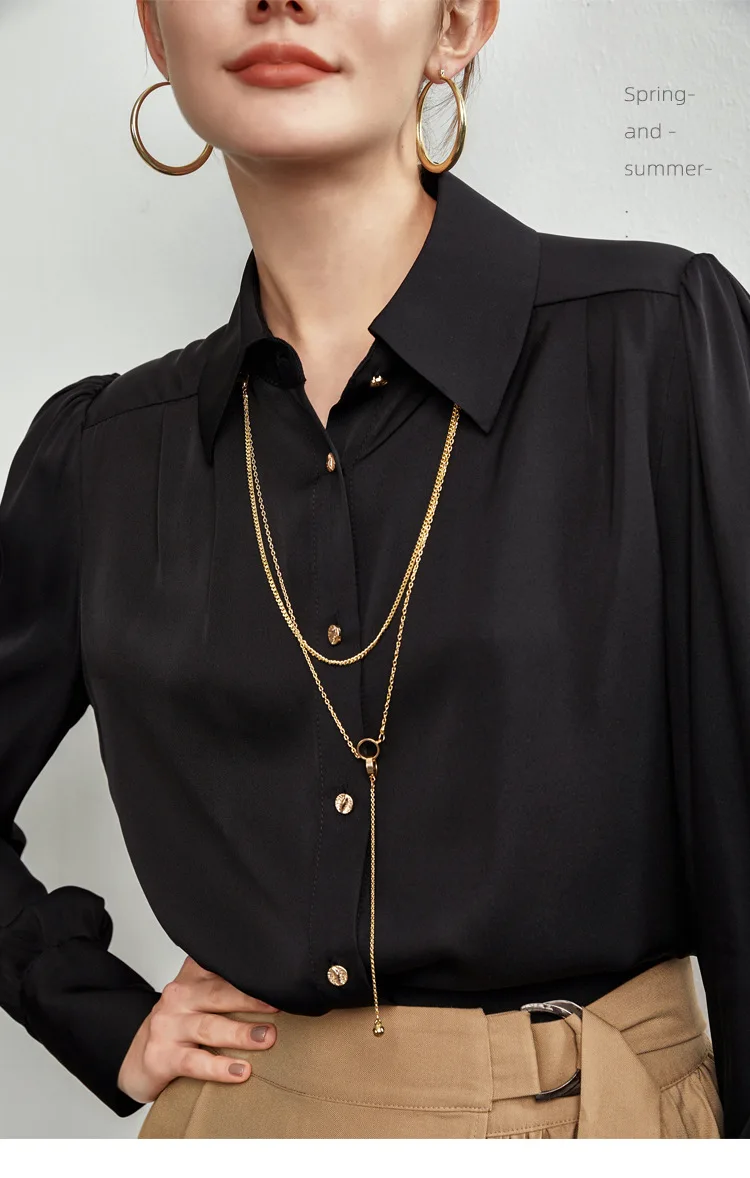 

Heavy silk shirt women's 2021 spring new solid color temperament commuter long-sleeved silk shirt black top