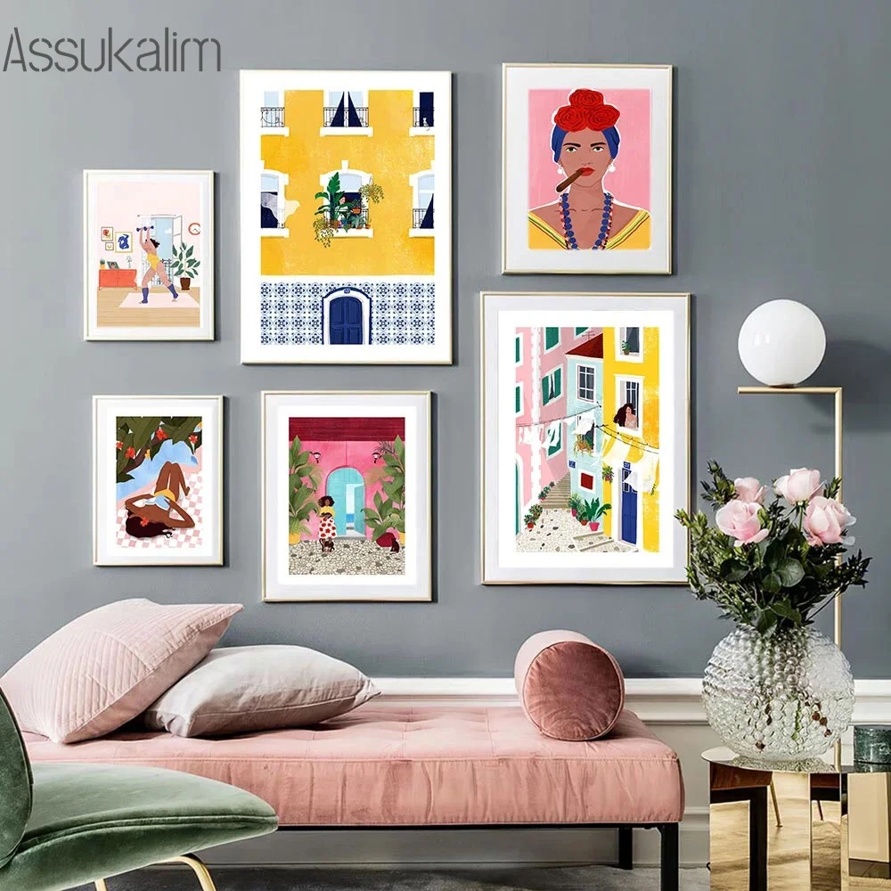 

Colourful Poster Nordic Fitness Art Print Women Portrait Canvas Painting Modern Beach Wall Picture For Living Room Home Decor