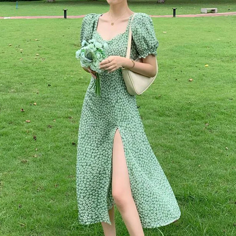 

Zoki Green Elegant Women Dress Print Floral Casual Square Collar Puff Sleeve Split Fork Loose France Summer Fashion New 2021