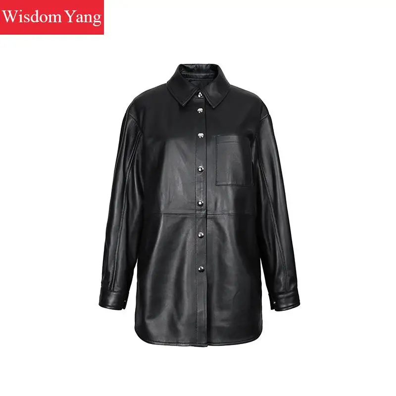 Autumn Black Sheepskin Genuine Leather Shirts Jackets Womens Loose Overcoat Bomber Long Jacket Coats Office Ladies Outerwear