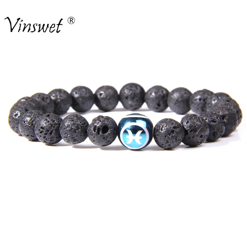 Мужские браслеты из натурального камня 12 созвездий Знак зодиака черные бусины