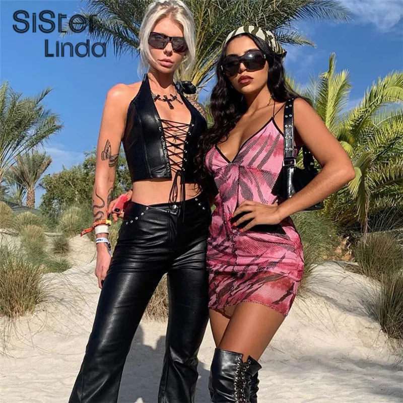 Sisterlinda, однотонный сексуальный укороченный топ на бретелях, Женский Бандаж из искусственной кожи, открытая укороченная майка Mujer, осенняя уличная одежда с открытыми плечами