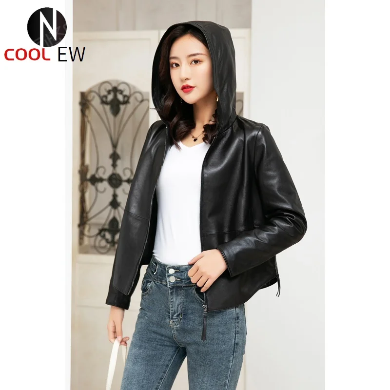 

Ptslan 2021 Women's Real Leather Jacket Sheepskin Good Quality Hooded Coat P7040