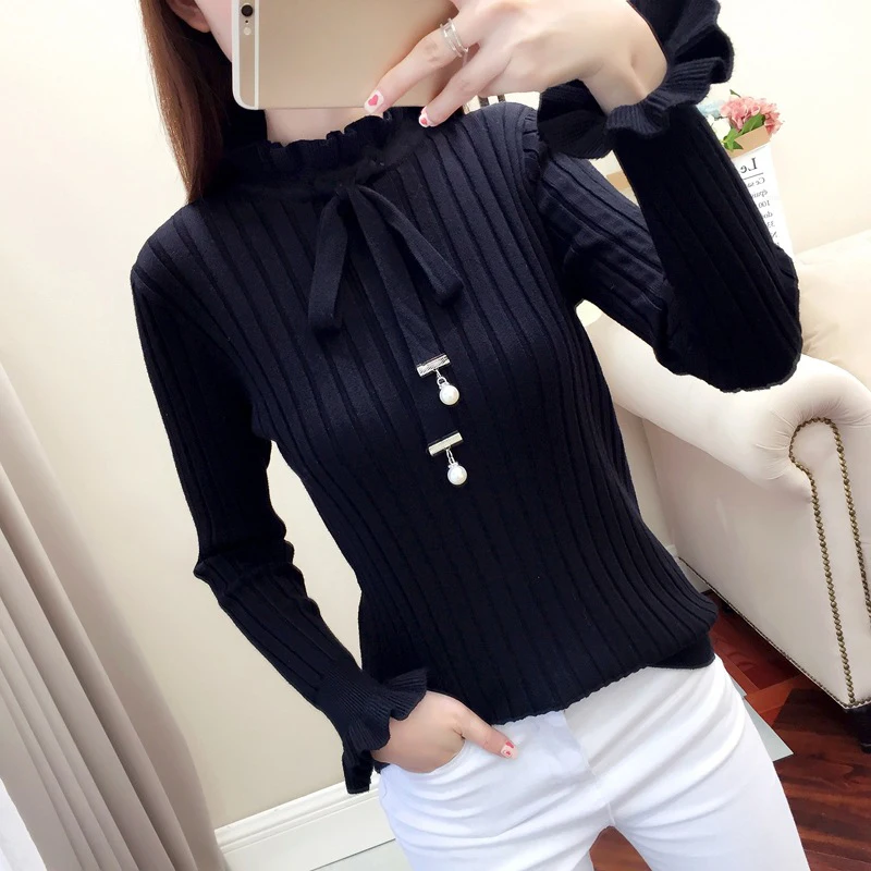 Winter Casual Sweater Women Slim Knitted Female Flare Long Sleeve Turtleneck Pullover Lace Up Sweaters | Женская одежда