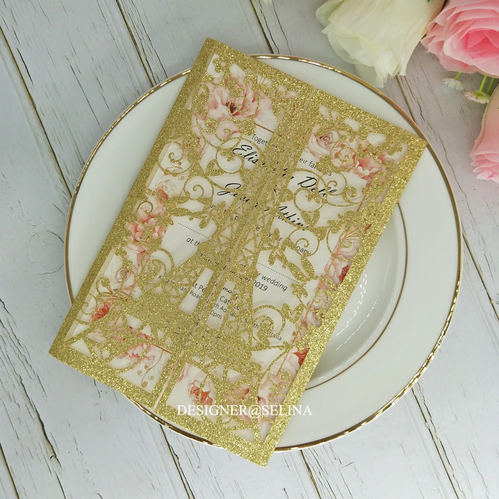 50 шт. Золотая блестящая башня Лазерная вырезка Свадебное приглашение