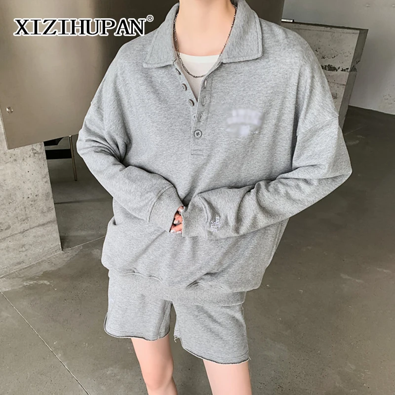 

Повседневный Однотонный женский костюм XIZIHUPAN, прямая толстовка с отложным воротником и длинным рукавом, свободные шорты с высокой талией, м...