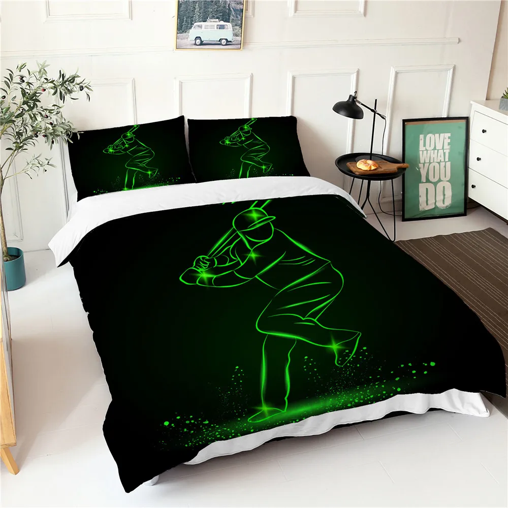 

Черное постельное белье, зеленый бейсбольный плеер, с рисунком, пододеяльник, Fabic, домашний текстиль, Королевский размер, простыни с наволоч...