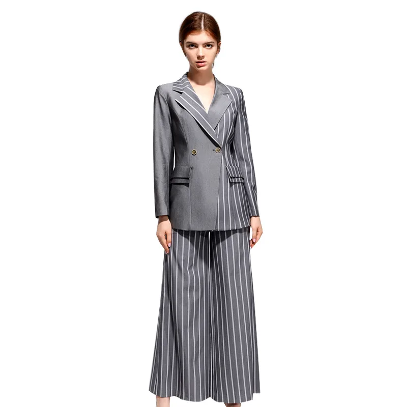 

2020 New Autumn Suit Collar Striped Lace-up Blazer Wide Leg Pants Women's Casual Popular Temperament Suit Set Tide U831