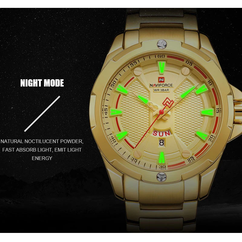 NAVIFORCE Модные мужские золотые часы кварцевые водонепроницаемые военные наручные