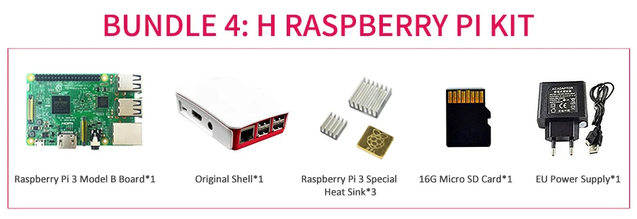 Четыре набора Raspberry Pi3 Foundation+ акриловый чехол/ABS чехол+ блок питания EU/US с usb-кабелем с переключателем и 16SD картой теплоотвода