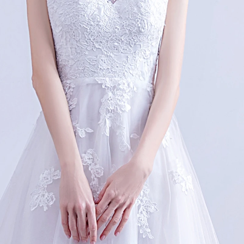 

White Wedding Dresses Illusion O-Neck Lace Embroidery Sleeveless Zipper Court Train Tulle Vintage Luxury Women Bride Gown TS616