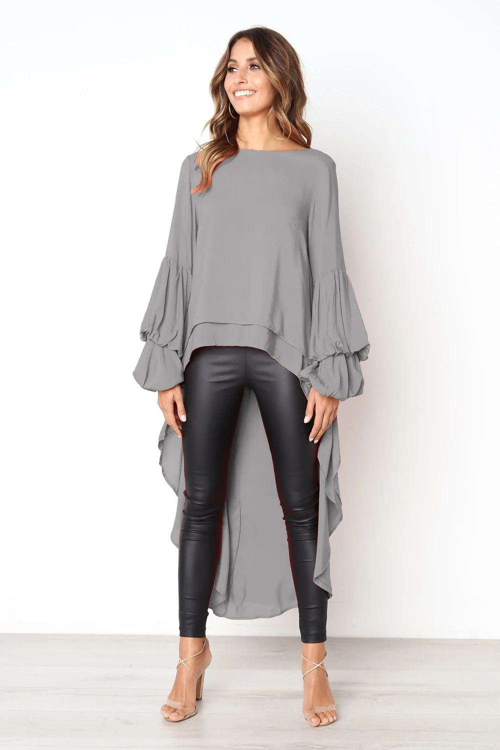 Для женщин Фонари рукав короткое спереди длинное сзади топ с высоким воротом