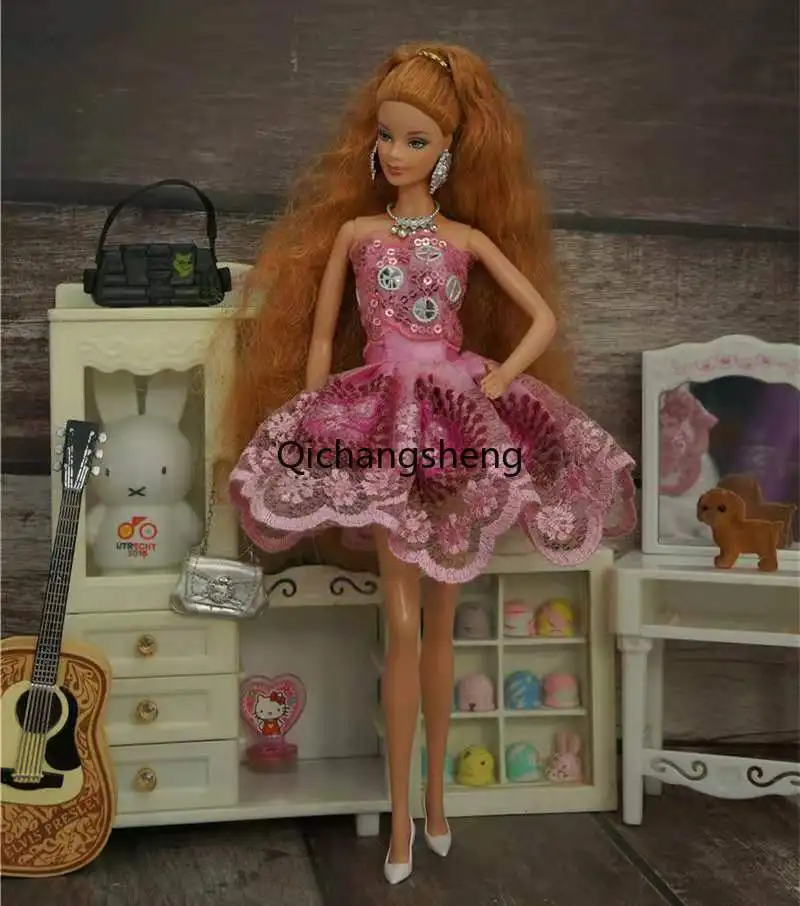 

Fashion Pink Sequin 1/6 BJD Doll Dress For Barbie Princess Clothes Outfits Floral Lace Gown Vestidos 11.5" Dollhouse Accessories