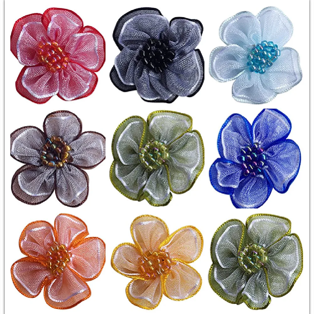 

15pcs 1" (25mm) Organza Ribbon Flower Bows w/ Beads Appliques Craft Wedding Decor MIX Color U PICK