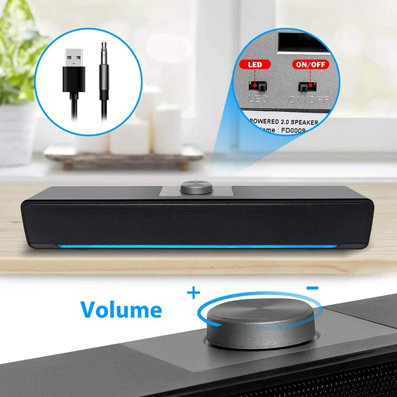 Колонки для ПК компьютерные колонки проводная звуковая панель USB светодиодные с