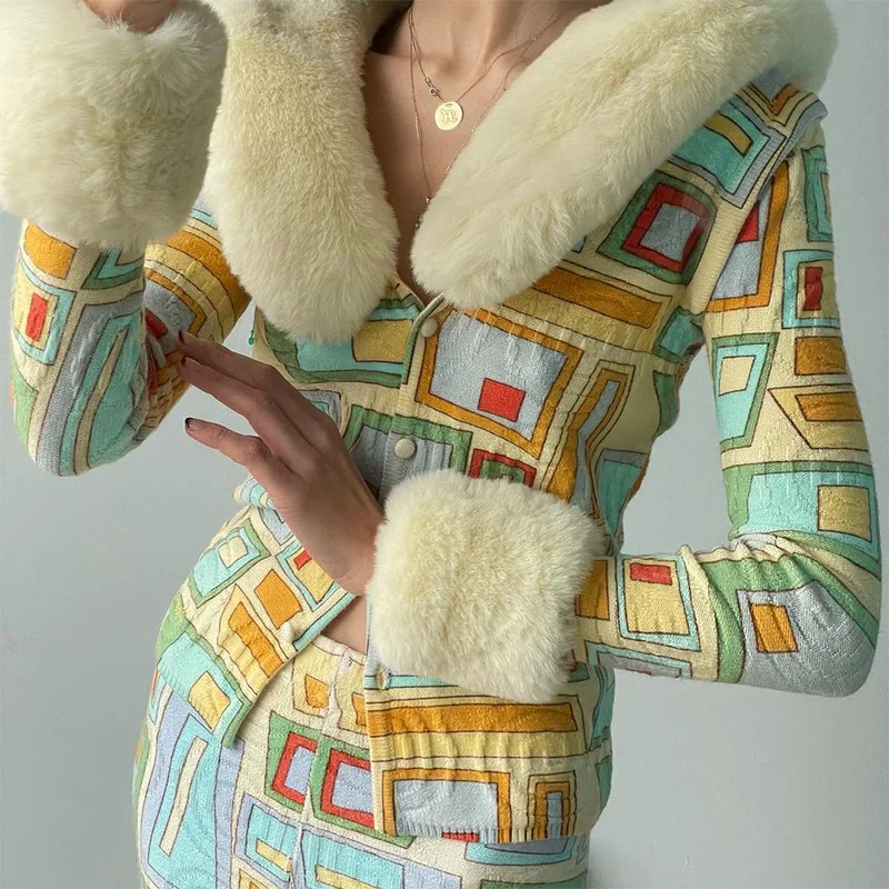 

Slim-fit Single-breasted Knitted Cardigan Sweater Women's Long-sleeved Furry Winter Tops Printed Casual Cotton Street Style Tops
