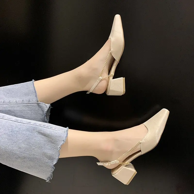 

Comfort Shoes for Women 2021 Summer Luxury Sandals Clear Heels Buckle Strap Med Square Toe All-Match Suit Female Beige Fashion G