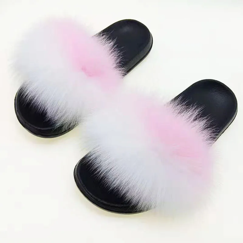 Light Pink White Женские меховые Тапочки большого размера; женские шлепанцы без задника с натуральным лисьим мехом; домашние сандалии с лисьим мехом; женские меховые тапочки; женская домашняя обувь на плоской подошве - Цвет: Light Pink White