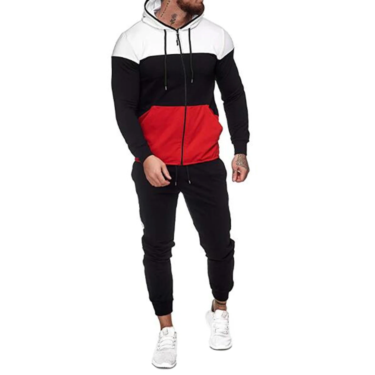 

Men Long Sleeve Trouser Suit, Color Matching Tight Sports Set, Zipper Elastic Hoodie Outfits