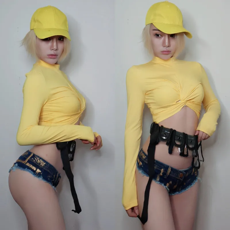 

New Nightclub Female Singer Hip Hop/Jazz/Pole Dance Costumes Women Sexy Yellow Tops Gogo Dancer Rave Performance Outfit DQL3072
