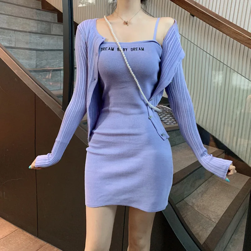 

Two Piece Set Women Outfits Long Sleeve Knitted Cropped Cardigan Top Sexy Strap Bodycon Dress 2 Piece Set Women Ensemble Femme