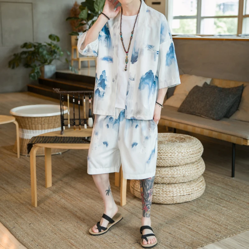 

New Men's Hawaiian Short Sleeve Kimono Shirt Sets Summer Men's Mountain Print Quick-drying Shorts Set Two-piece Set for Men 5XL